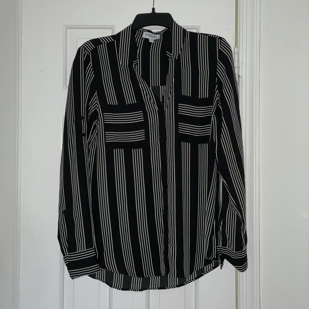 Express Black and White Stripe Button Up Blouse